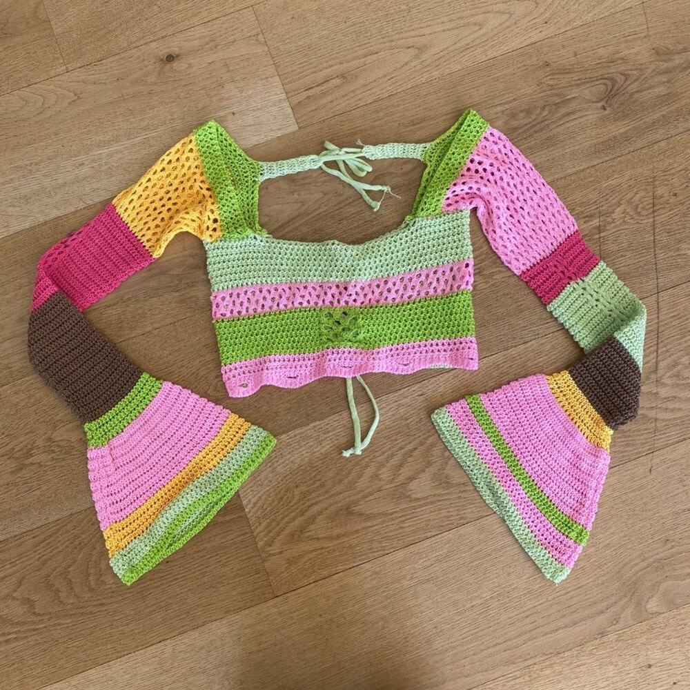 Crochet Knit Stripe Bell Sleeve Crop Top in Green & Pink